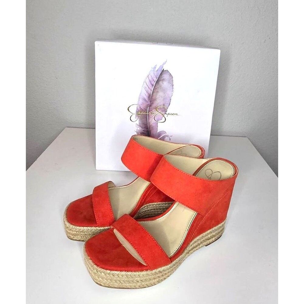 Jessica Simpson Saphita Espadrille Coral Orange Faux Suede Wedge Sandal 7M New
